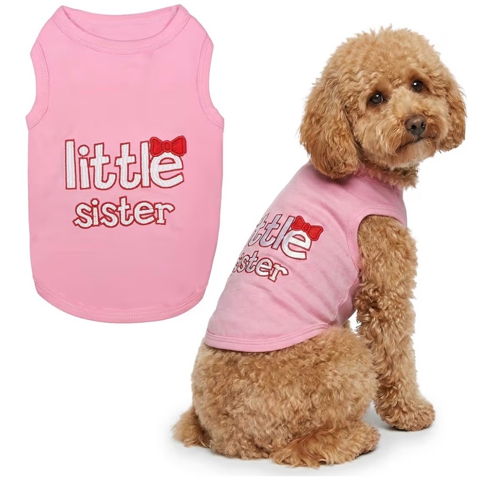 BNWOT PARISIAN PET PINK EMBROIDERED 109% COTTON “ LITTLE SISTER” DOGGY T-SHIRT - Picture 2 of 15
